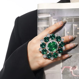 KissICON green / Silver Plated Kissicon Exaggerated Rhinestone Flower Ring – Big Crystal