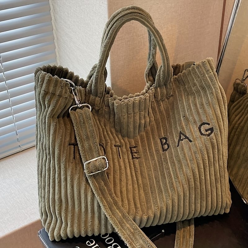 jkthpu-45 Green Soft Corduroy Tote Chic White Bag for Trips  Gifts