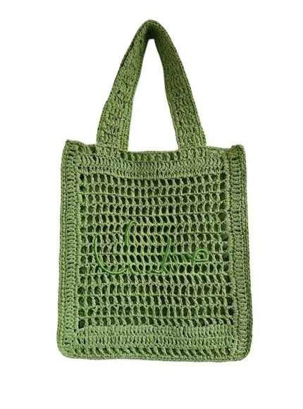 KissICON green Straw Woven Hollow Shoulder Three-dimensional Letter Tote