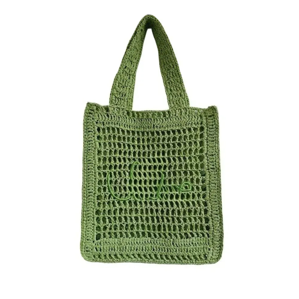 KissICON green Straw Woven Hollow Shoulder Three-dimensional Letter Tote