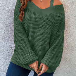 jkthpu-45 Green / UK 16 Cozy Beige OffShoulder VNeck Knit Sweater