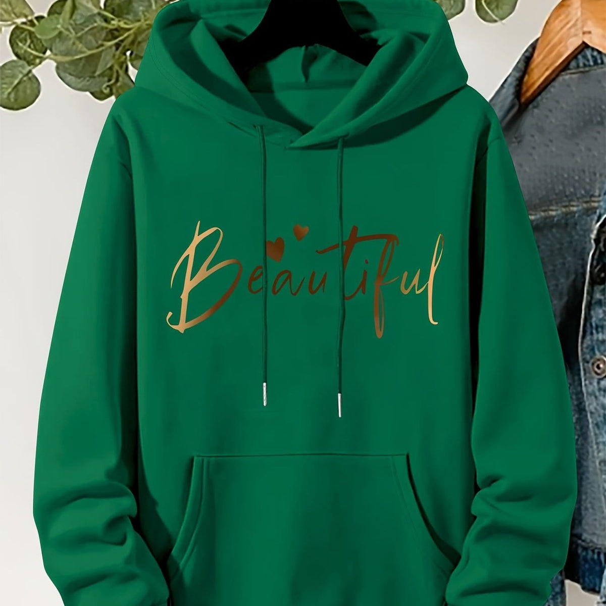 jkthpu-45 Green / UK 16 Plus Size Beautiful Letter Print Drawstring Hoodie, Warm