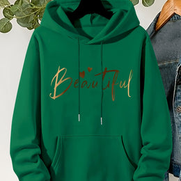 jkthpu-45 Green / UK 16 Plus Size Beautiful Letter Print Drawstring Hoodie, Warm