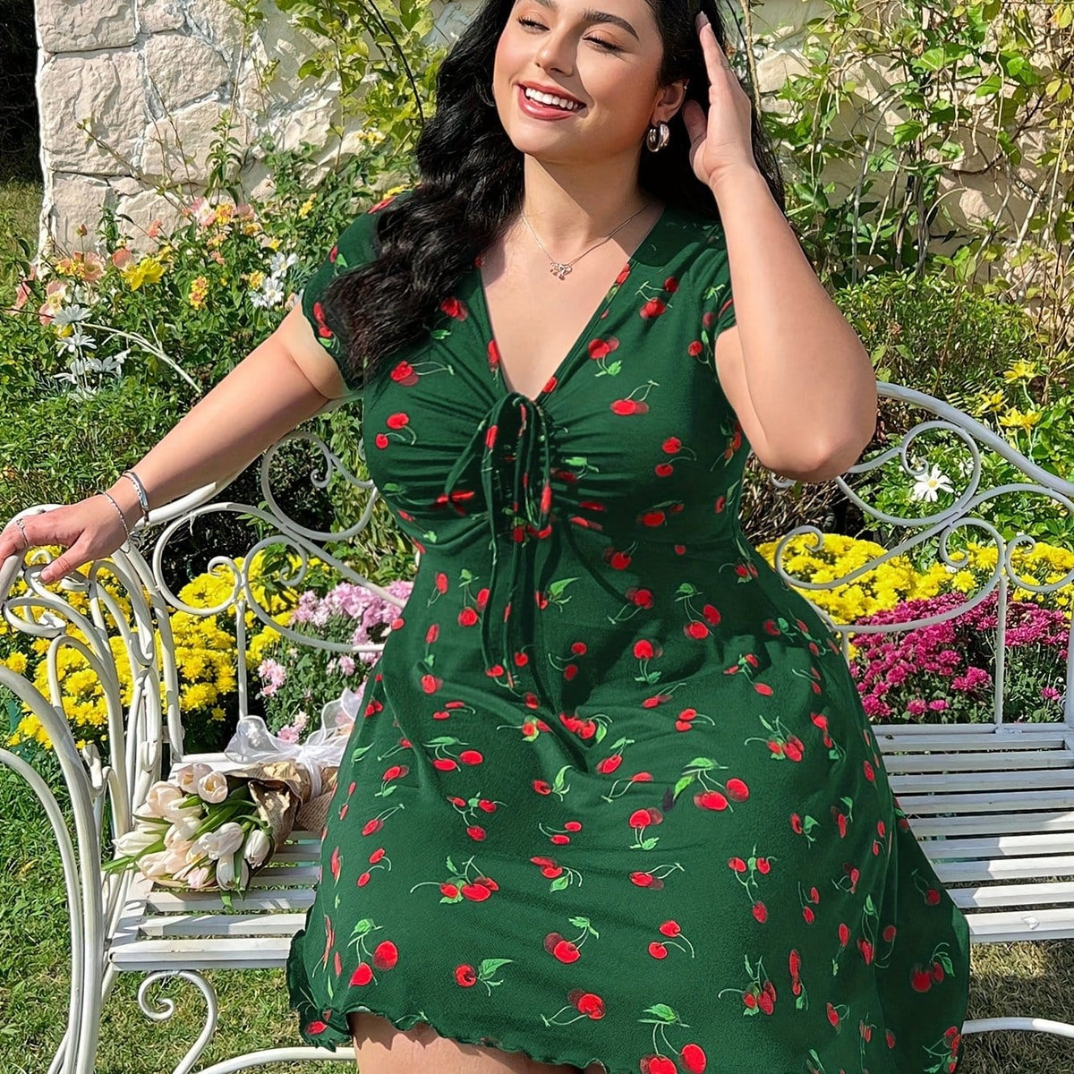 jkthpu-45 Green / UK 16 Plus Size Cherry Print A-Line Dress with Ruffle Detail, Elastic Waistband, V-Neck, Short Sleeve, Summer Style, Floral Garden Setting, Floral Dress | Vibrant Print Dress | Stretchy Fabric