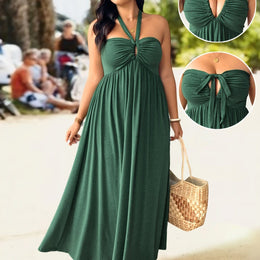 jkthpu-45 Green / UK 16 Plus Size, Plus Size Women's Elegant Halter Neck Dress with Adjustable Back Tie & Twist Detail - Stretchy Ruched Waist Flared Skirt, Machine Washable Spring Summer Fall Casual to Evening Dress, Seasonal Fashion, Comfortable Fit