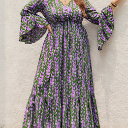 jkthpu-45 Green / UK 16 Plus Size Women's Bohemian Floral Maxi Dress – V-Neck, Long Sleeves & Belted Waist, Navy Blue with Orange and White Flowers, Pleated Hem, Spring, Summer & Fall