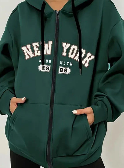 jkthpu-45 Green / UK 16 Women's Plus Size New York Graphic Hoodie -