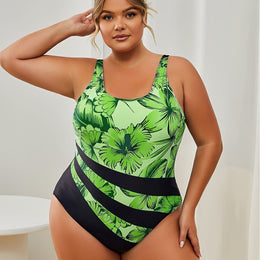 KissICON Green / UK 18 Curve Tropical Floral Highcut Onepiece Swimsuit