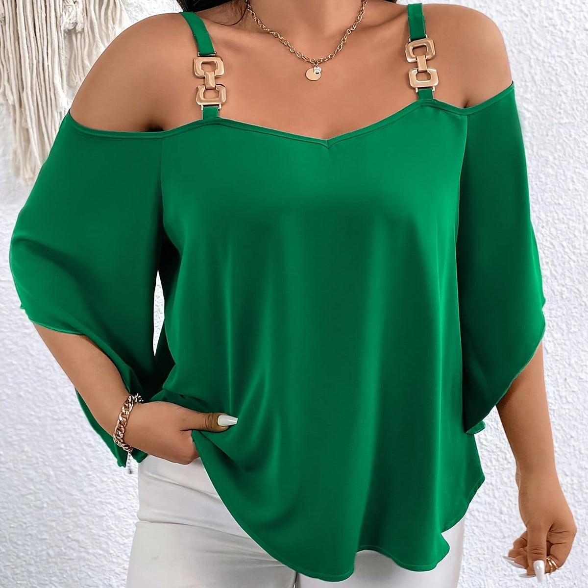 jkthpu-45 Green / UK 18 Elegant Green OffShoulder Plus Size Blouse
