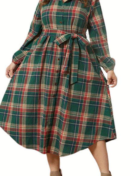 KissICON Green / UK 18 Elegant Plaid Shirt – Belt Springfall