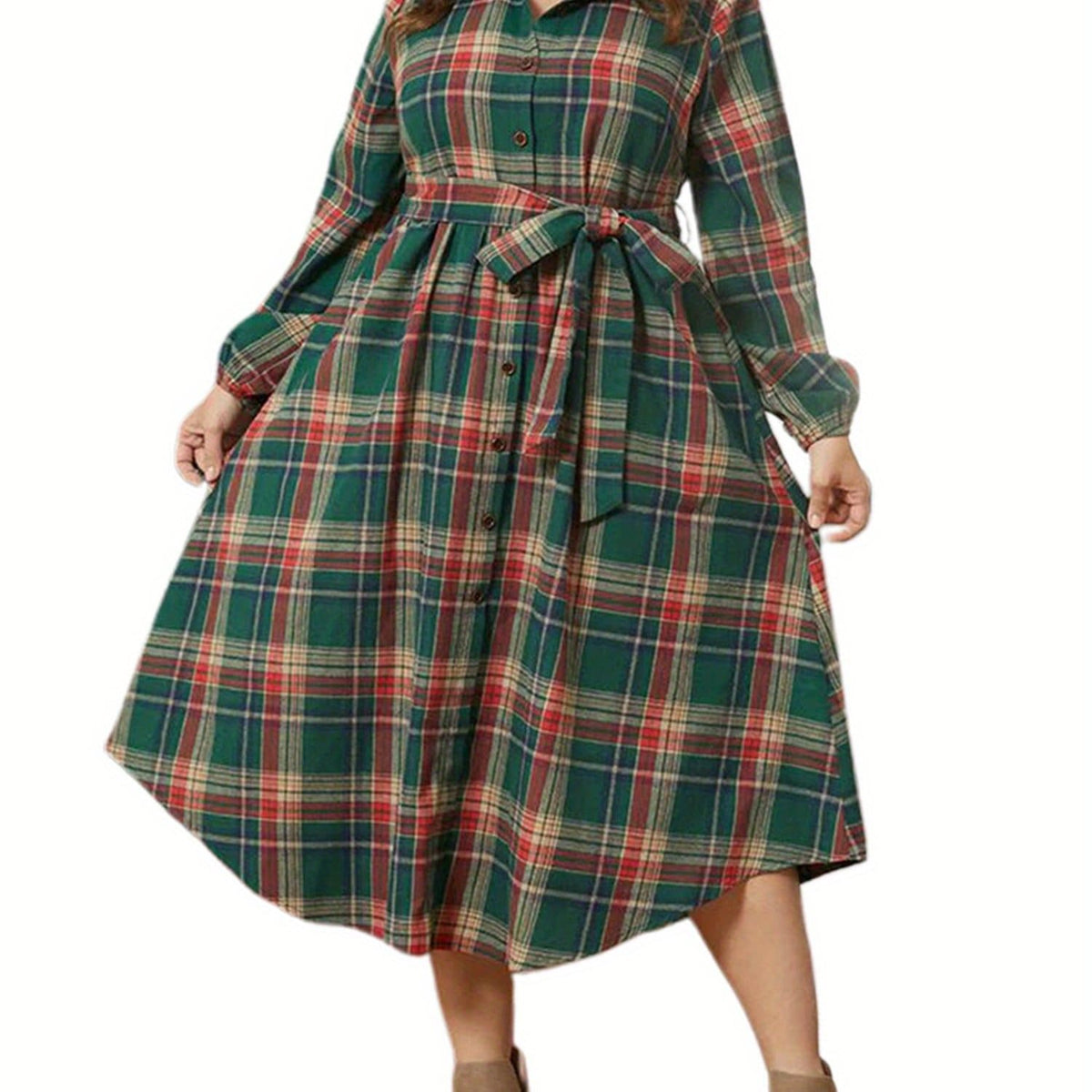 KissICON Green / UK 18 Elegant Plaid Shirt – Belt Springfall