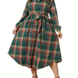 KissICON Green / UK 18 Elegant Plaid Shirt – Belt Springfall