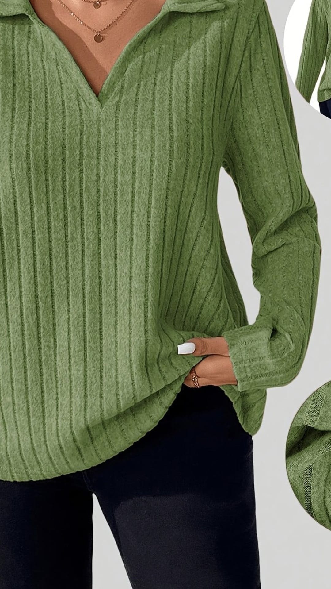 jkthpu-45 Green / UK 18 Elegant Plus Size Olive VNeck Long Sleeve TShirt