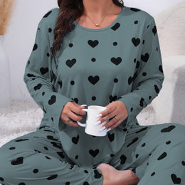 jkthpu-45 Green / UK 18 Plus Size Cozy Heart Print Pajama Set -