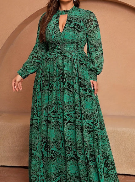 jkthpu-45 Green / UK 18 Plus Size, Green Long-Sleeve Chiffon Printed Vacation Bridesmaid Dress Middle Eastern Attire