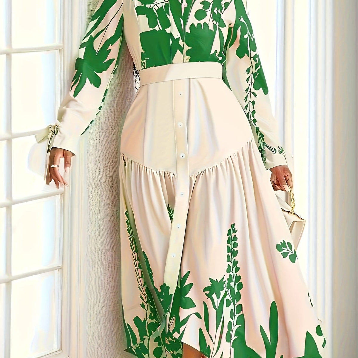 jkthpu-45 Green / UK 18 Plus Size - Plus Size - Women'S Floral Print Pencil Dress with Belt - Long Sleeve, V-Neck, High-Waisted, Button-Up Front, Lightweight, Perfect for Spring & Fall, Casual to Formal Wear, Casual Dressing | Vneck Dress | Fabric