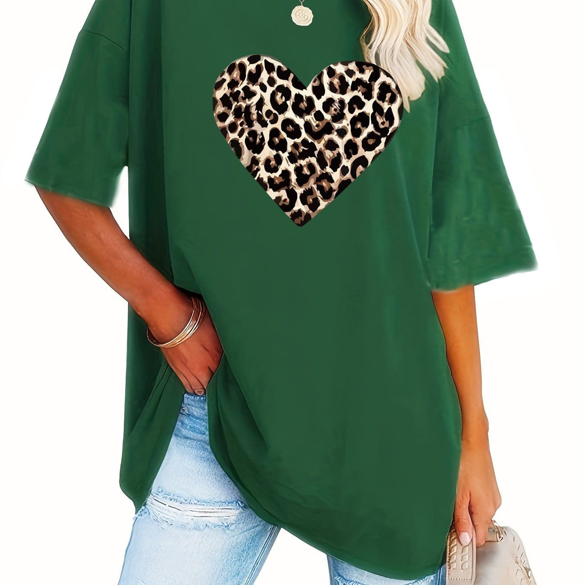KissICON Green / UK 18 Women's Valentine's Day Leopard Heart Print T-Shirt - Short Sleeve Crew Neck Casual Top, Vibrant Pink, Relaxed Fit, Machine Washable, Plus Size Friendly, All-Season Comfort, Valentine's Day T-shirts, Trendy Casualwear, Durabl