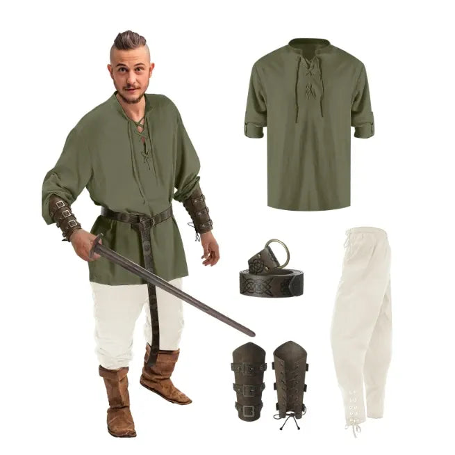 KissICON Green white / M 4 Pcs Halloween Men's Renaissance Costume Set Medieval Pirate Shirt Ankle Banded Pants Viking Belt Accessories