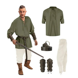KissICON Green white / M 4 Pcs Halloween Men's Renaissance Costume Set Medieval Pirate Shirt Ankle Banded Pants Viking Belt Accessories
