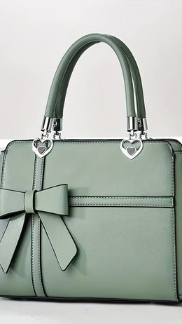 jkthpu-45 Green Women'S Chic Solid Color Handbag with Bow Accent, Adjustable Shoulder Strap, and Wristlet - Synthetic, Zip Closure, Casual Elegance, Versatile Tote for Everyday Use