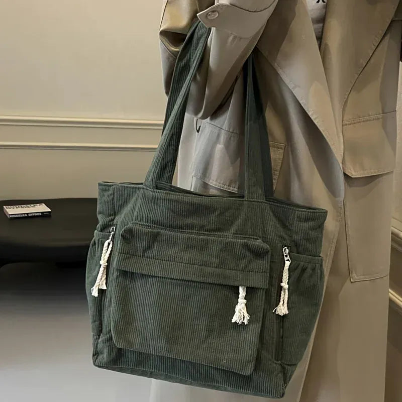 KissICON Green Women's Corduroy Multi-pocket Shoulder Handbag – Commuting