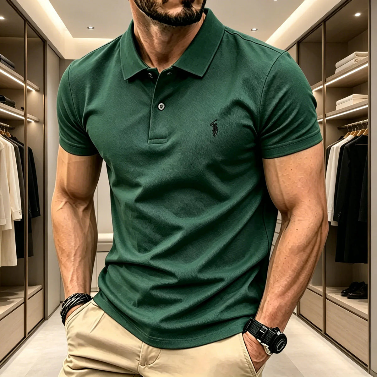 KissICON green11 / S Mens Breathable Lapel Polo Shirt with Rider Embroidery