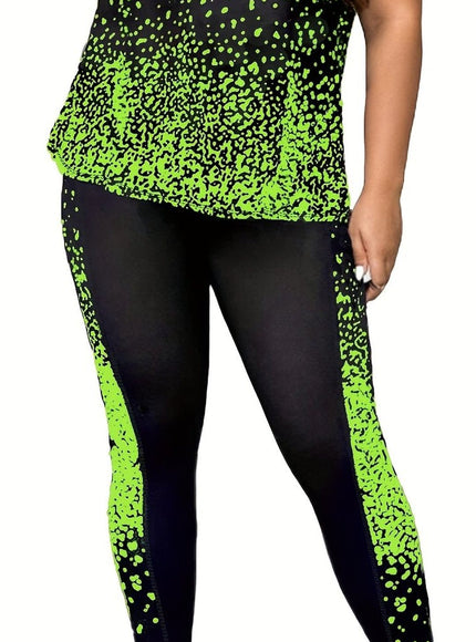 jkthpu-45 Greenish Yellow / UK 18 Plus Size Printed Athleisure TwoPiece Set