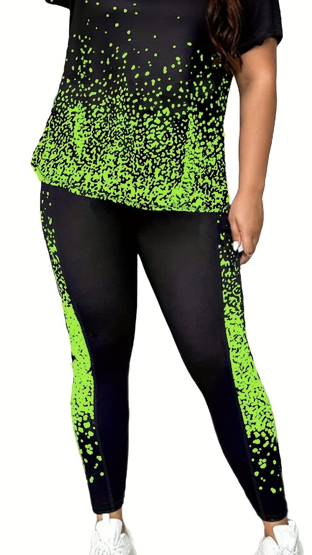 jkthpu-45 Greenish Yellow / UK 18 Plus Size Printed Athleisure TwoPiece Set