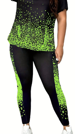 jkthpu-45 Greenish Yellow / UK 18 Plus Size Printed Athleisure TwoPiece Set