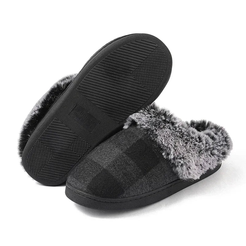 KissICON Grey / 44-45 Fashion Grid Pattern Fuzzy Slippers Women Closed Toe