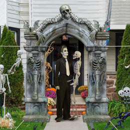 KissICON grey Halloween Skeleton Party Decorations Scary Tombstones Door Banner Creepy Bats Photo Booth Props Large Horror Graveyard Photograp