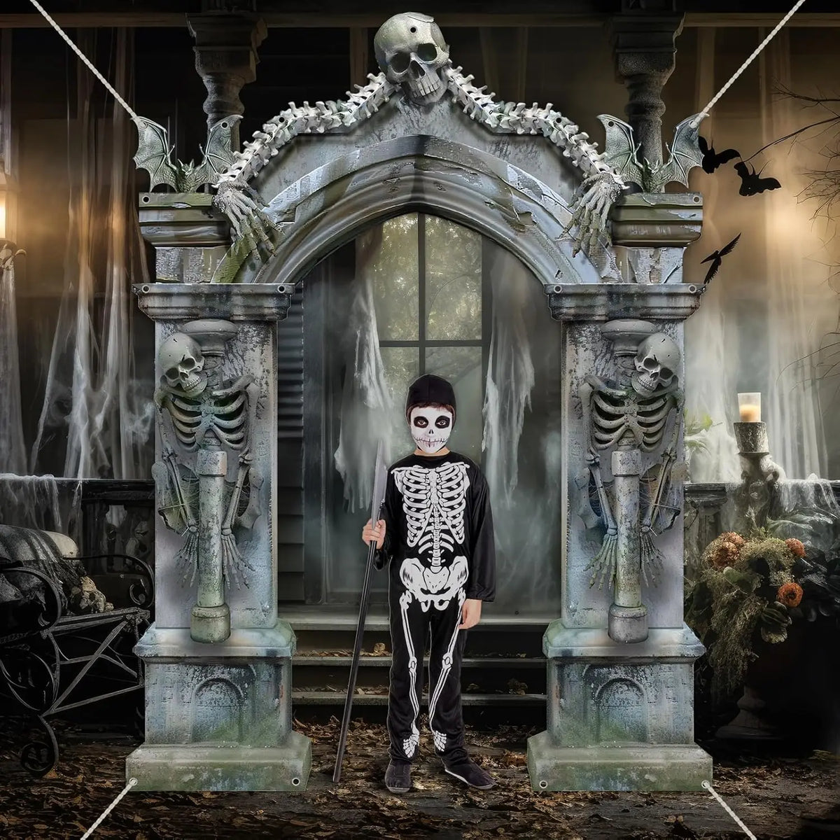 KissICON grey Halloween Skeleton Party Decorations Scary Tombstones Door Banner Creepy Bats Photo Booth Props Large Horror Graveyard Photograp