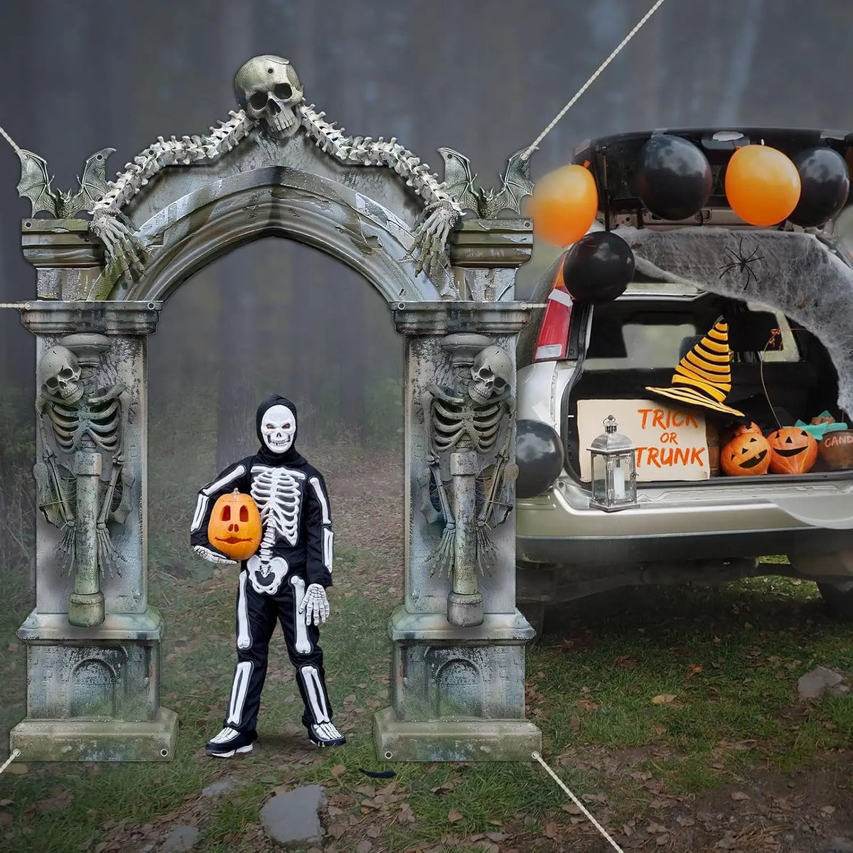 KissICON grey Halloween Skeleton Party Decorations Scary Tombstones Door Banner Creepy Bats Photo Booth Props Large Horror Graveyard Photograp