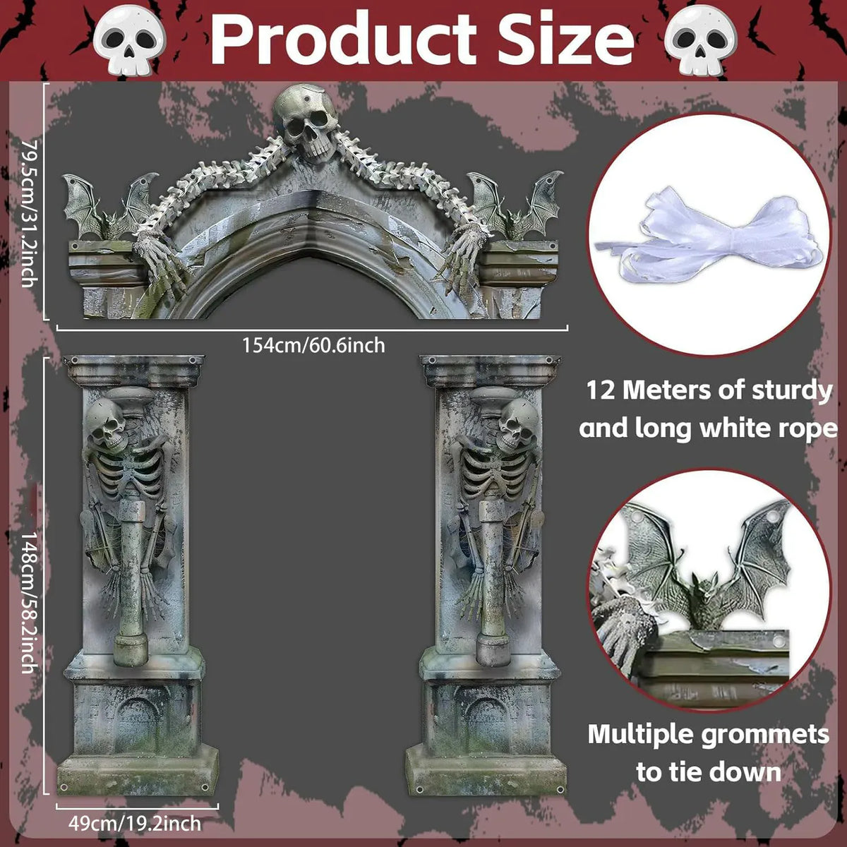 KissICON grey Halloween Skeleton Party Decorations Scary Tombstones Door Banner Creepy Bats Photo Booth Props Large Horror Graveyard Photograp