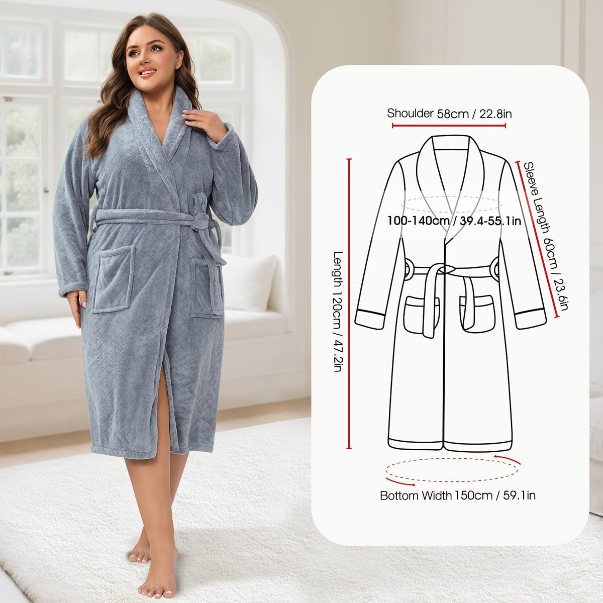 jkthpu-45 Grey Luxury Plus Size Coral Fleece Shawl Collar Bathrobe for Home  Travel