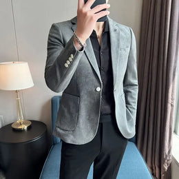 KissICON Grey / M Stylish Korean Suede SlimFit Mens Business Casual Suit