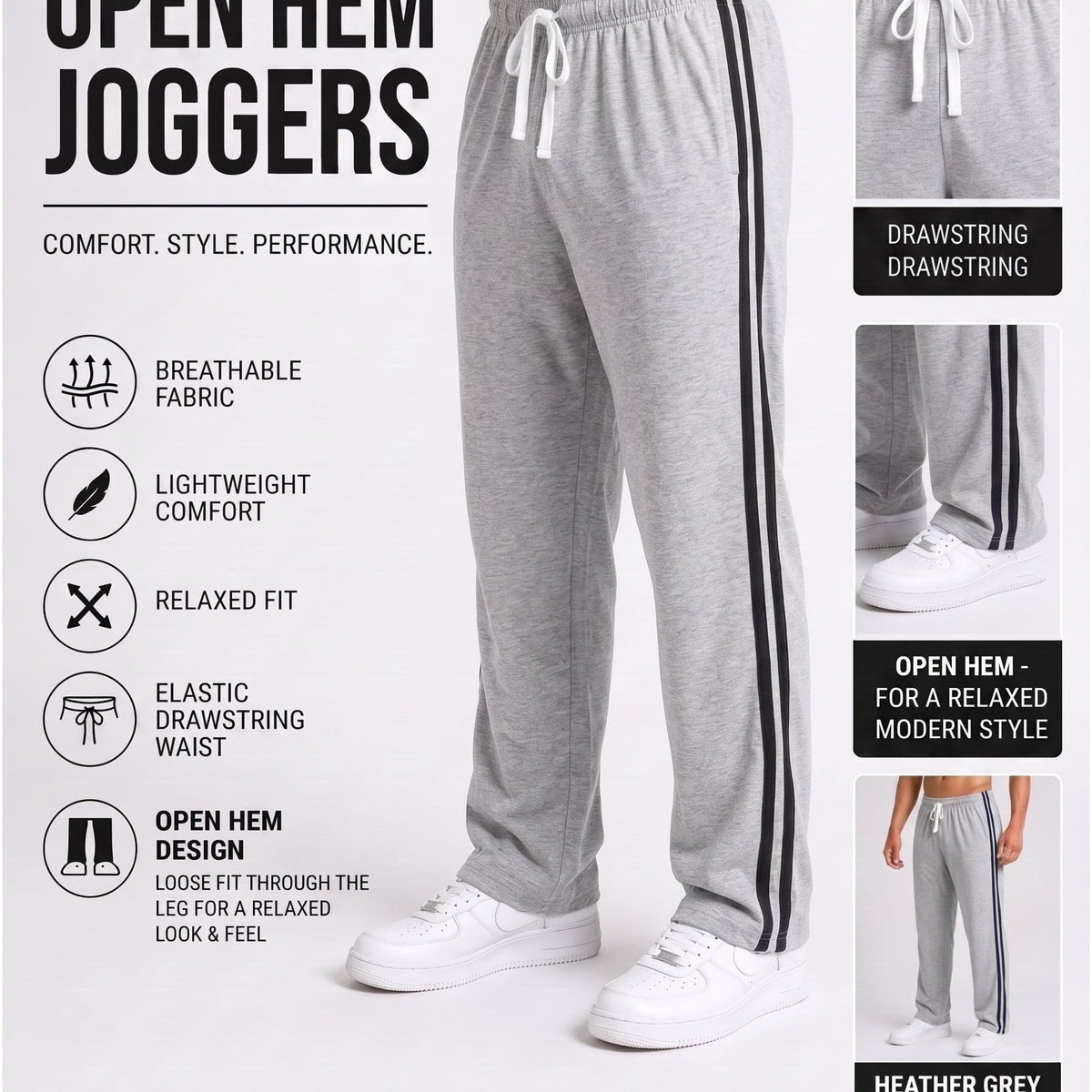 KissICON Grey / S Men's Striped Track Pants Casual Joggers Open Hem Athletic Sweatpants Comfortable Loose Fit Gym Running Trousers with Side Pockets | S to XXL sizes available UK