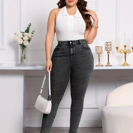 jkthpu-45 Grey / UK 16 Comfy Oversized Womens Elastic Waist Jeans