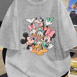 KissICON grey / UK 16 Disney Official Women's Summer New Arrival Oversized Fashionable Mickey Mouse & Friends Cartoon Print Casual Round Neck T-Shirt, Machine Washable Loose Fit Fun Design Comfort Fabric for Home and Outing Wear
