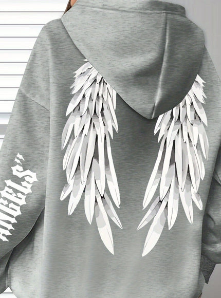 jkthpu-45 Grey / UK 16 Plus Size Angel Wings Print Hoodie - Soft
