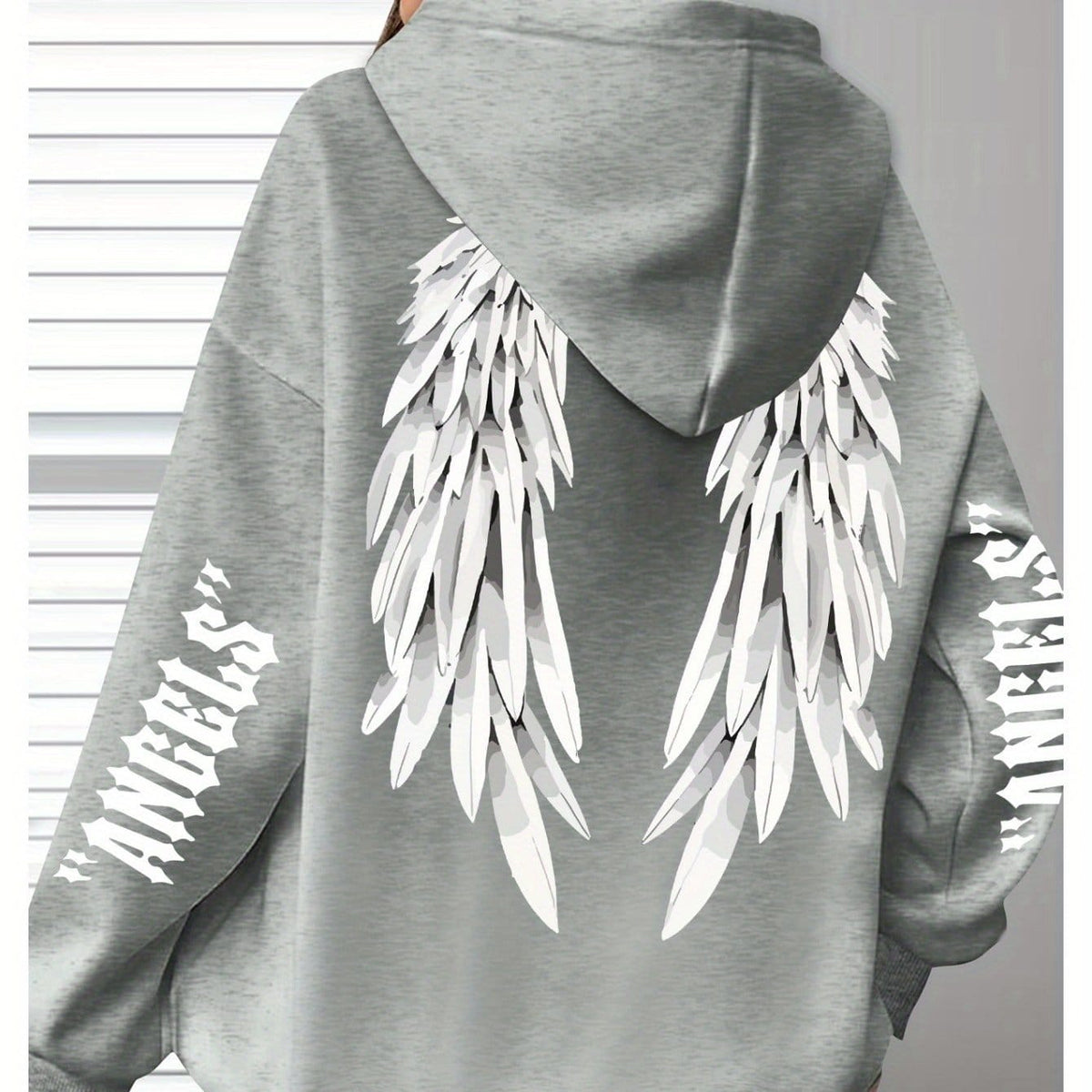 jkthpu-45 Grey / UK 16 Plus Size Angel Wings Print Hoodie - Soft