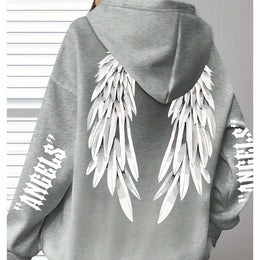 jkthpu-45 Grey / UK 16 Plus Size Angel Wings Print Hoodie - Soft