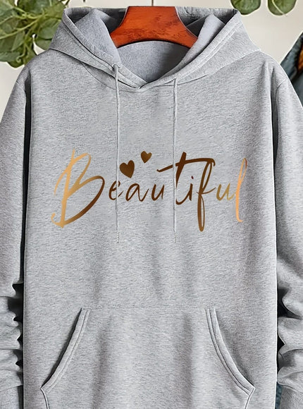 jkthpu-45 grey / UK 16 Plus Size Beautiful Letter Print Drawstring Hoodie, Warm