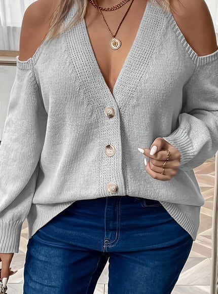 jkthpu-45 grey / UK 16 Plus Size Women's Elegant V-Neck Button-Front Cardigan -