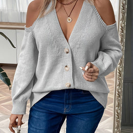 jkthpu-45 grey / UK 16 Plus Size Women's Elegant V-Neck Button-Front Cardigan -