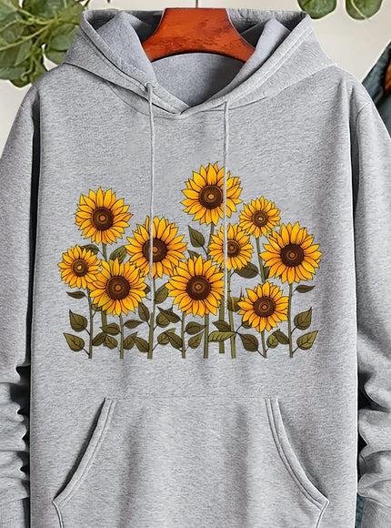 jkthpu-45 Grey / UK 16 Plus Size, Women's Sunflower Print Hooded Sweatshirt -