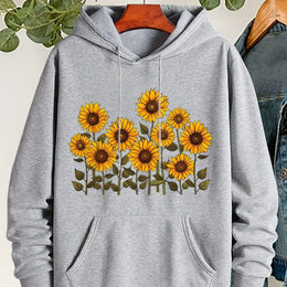 jkthpu-45 Grey / UK 16 Plus Size, Women's Sunflower Print Hooded Sweatshirt -