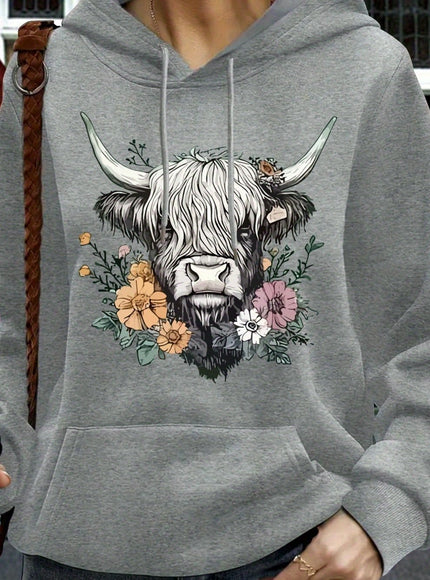 jkthpu-45 grey / UK 16 Women's Oversized Hoodie with Highland Cow Floral Graphic