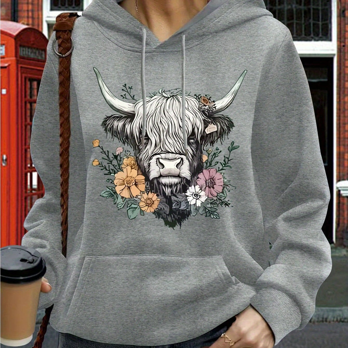 jkthpu-45 grey / UK 16 Women's Oversized Hoodie with Highland Cow Floral Graphic