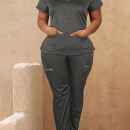 jkthpu-45 Grey / UK 16 Women's Plus Size Zip-Up Collared Short Sleeve with